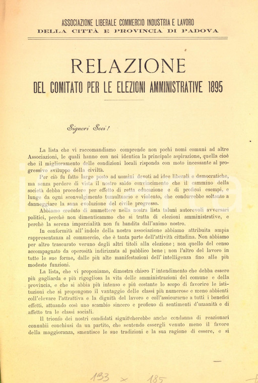 1895 PADOVA Relazione del Comitato per le elezioni amministrative della città