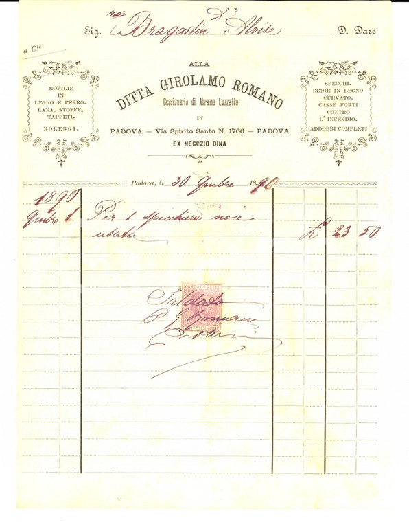 1890 PADOVA Ditta Girolamo ROMANO cessionario Abramo LUZZATTO Mobilie *Conto