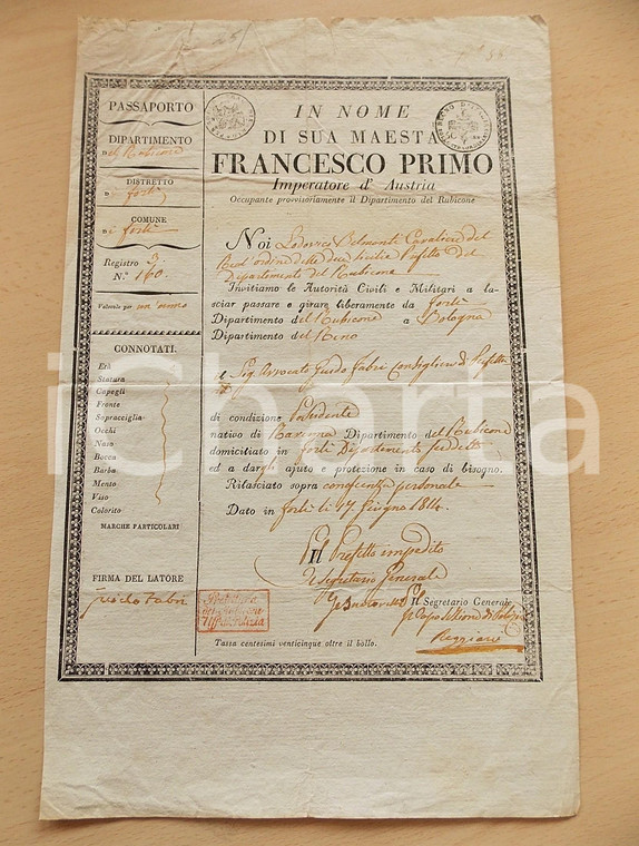 1814 DIPARTIMENTO DEL RUBICONE FORLIì Lasciapassare Guido FABRI consigliere RARO