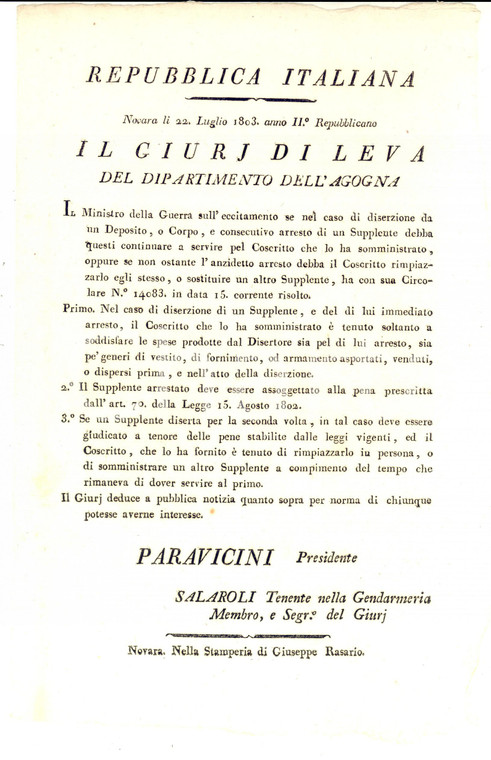 1803 REPUBBLICA ITALIANA AGOGNA NOVARA Sull'arresto dei disertori *Manifesto