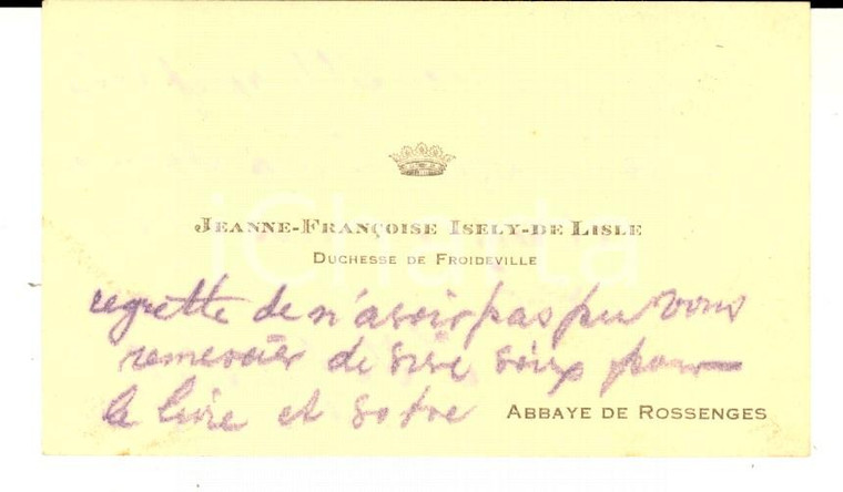 1950 ca Abbaye de ROSSENGES Jeanne-Françoise ISELY DE LISLE *Biglietto autografo 