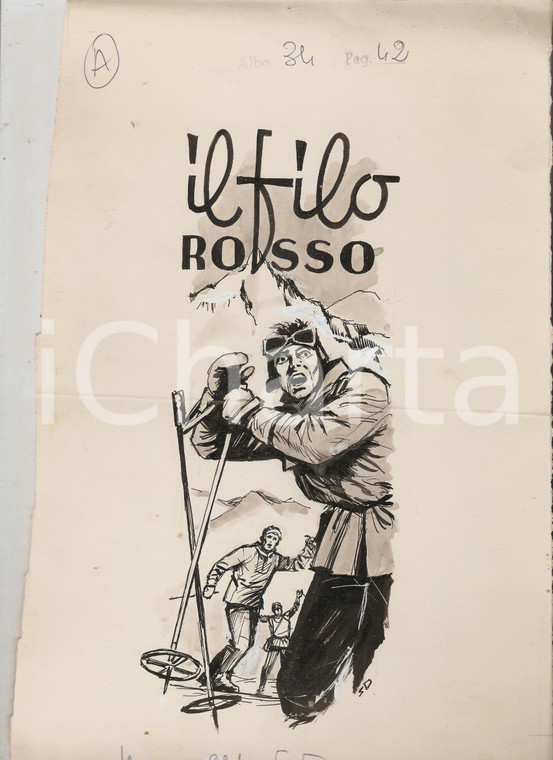 1955 ca JOLLY ? Il filo rosso - Sciatori in pericolo *Illustrazione ORIGINALE 