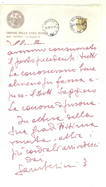 1974 RAVENNA Giordano GAMBERINI ringrazia per una conferenza *Autografo