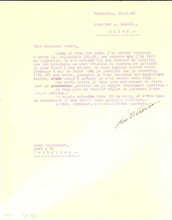 1940 CICLISMO TERHEYDEN Lettera Kees PELLENAARS per corse Vigorelli - AUTOGRAFO