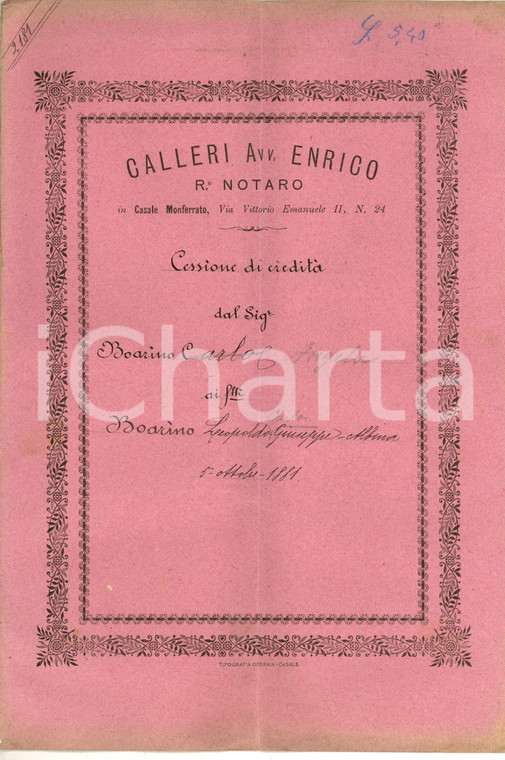 1881 CASALE MONFERRATO Cessione eredità Angela BOARINO ai fratelli - Manoscritto