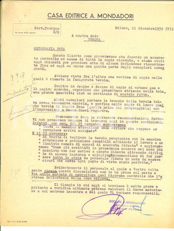 1939 MILANO Casa Editrice MONDADORI - Danni per incuria delle Officine Grafiche