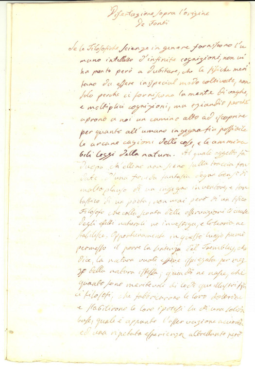1780 ca ANONIMO Dissertazione sopra l'origine de' fonti *Manoscritto 12 pp.