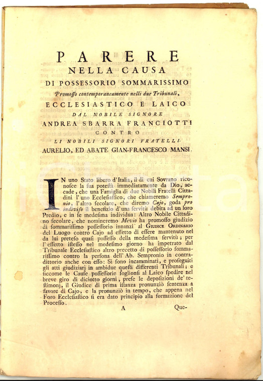 1761 LUCCA Parere causa possessorio - Andrea SBARRA FRANCIOTTI vs fratelli MANSI