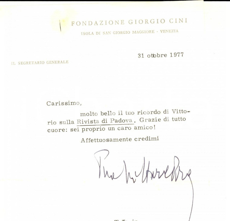 1977 VENEZIA Lettera Vittore BRANCA per ringraziamento - Autografo