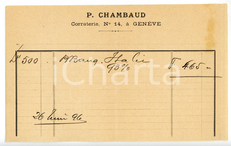 1896 GENEVE Rue de la Corraterie - P. CHAMBAUD *Fattura su carta intestata