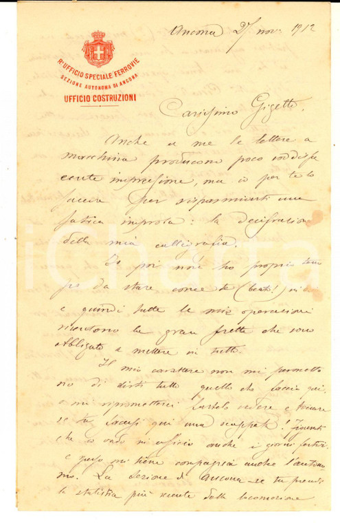 1912 ANCONA FERROVIE La Sangritana va a gonfie vele - Lettera G. COZZOLINO