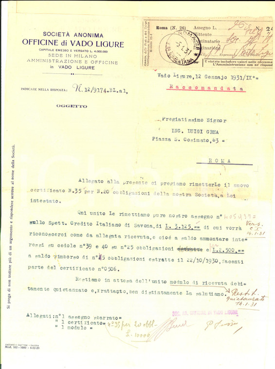1931 VADO LIGURE Società Anonima Officine - Lettera obbligazioni con ricevuta