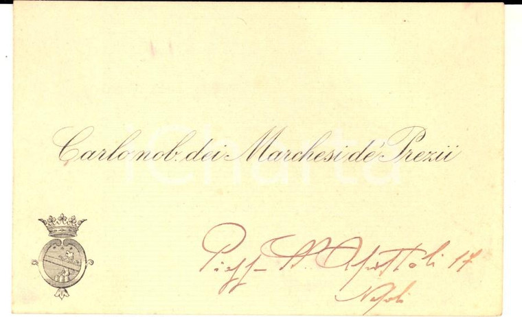 1910 ca NAPOLI Biglietto da visita marchese Carlo de' PREZII - Autografo