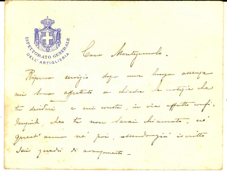 1913 ROMA Ispettorato Generale ARTIGLIERIA - Biglietto manoscritto a MONTEZEMOLO