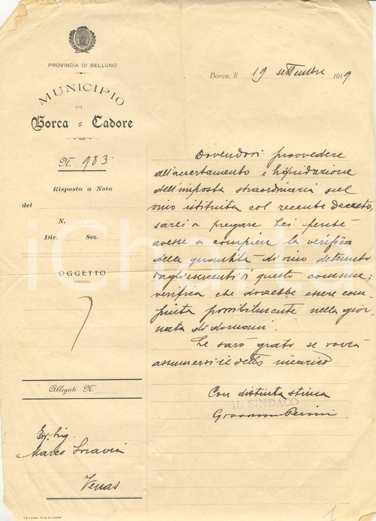 1933 BORCA DI CADORE (BL) Verifica sul vino detenuto dagli esercenti *Lettera