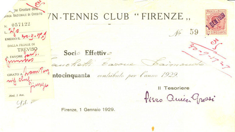 1929 FIRENZE LAWN TENNIS CLUB Ricevuta a socio per quota annuale
