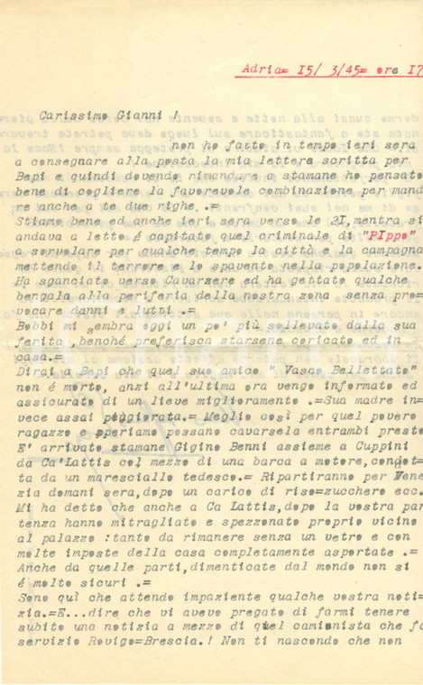 1945 WW2 RSI ADRIA (RO) Enzo MORESCO racconta bombardamento a CAVARZERE *Lettera