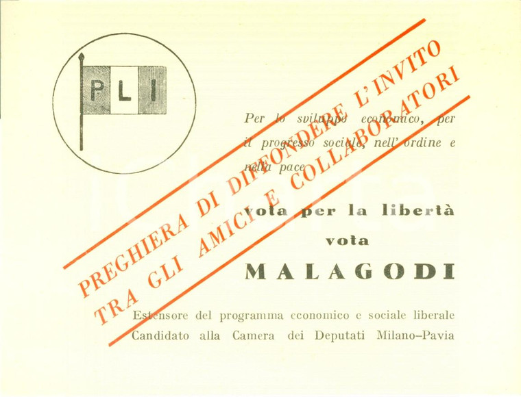 1953 MILANO ELEZIONI POLITICHE Votate PLI Giovanni Francesco MALAGODI Volantino