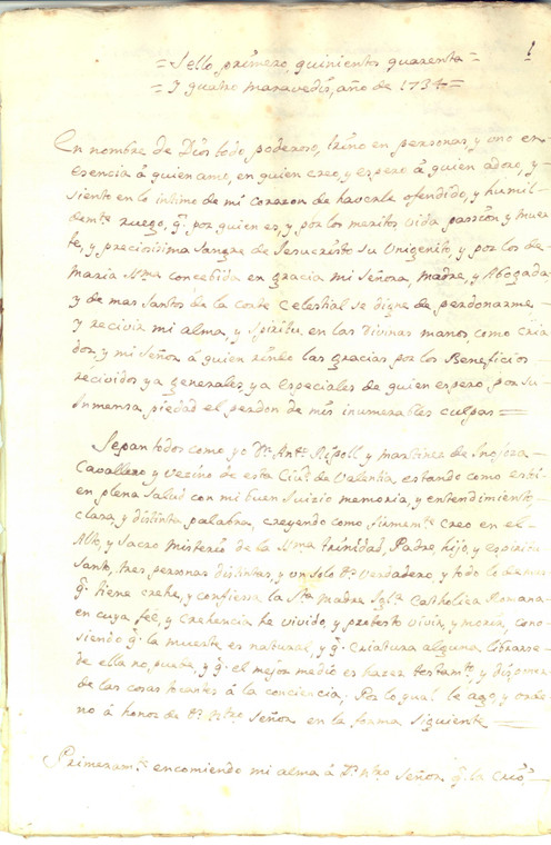 1734 VALENCIA (ES) Testamento don Antonio RIPOLL MARTINEZ DE INOJOSA *Manuscript