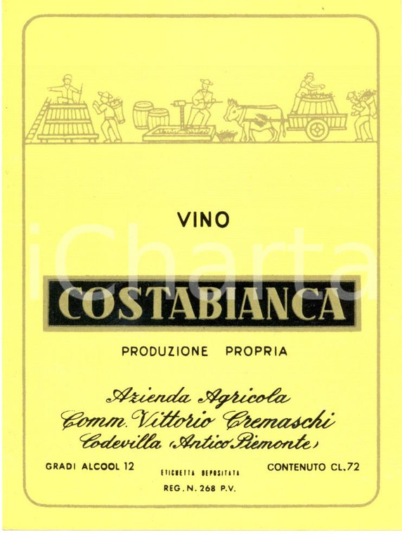 1970 ca CODEVILLA PV Vino COSTABIANCA Azienda CREMASCHI Etichetta ILLUSTRATA