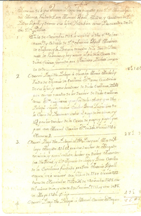 1755 VALENCIA (ES) Spese donna Maria Grazia MANCA per cappellania SAN MARTIN