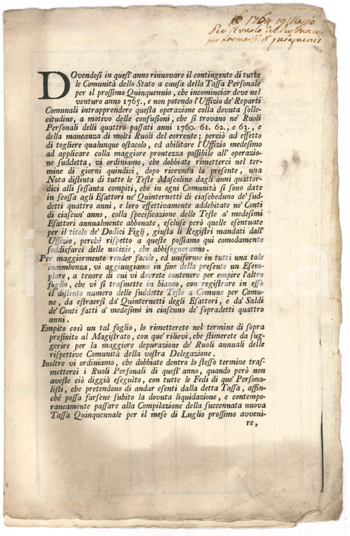 1764 STATO DI MILANO Nota teste mascoline descritte o abbonate *ESATTORIA