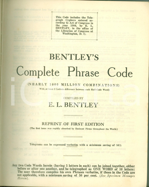 1909 Ernest Lungley BENTLEY Complete Phrase Code reprint of first edition