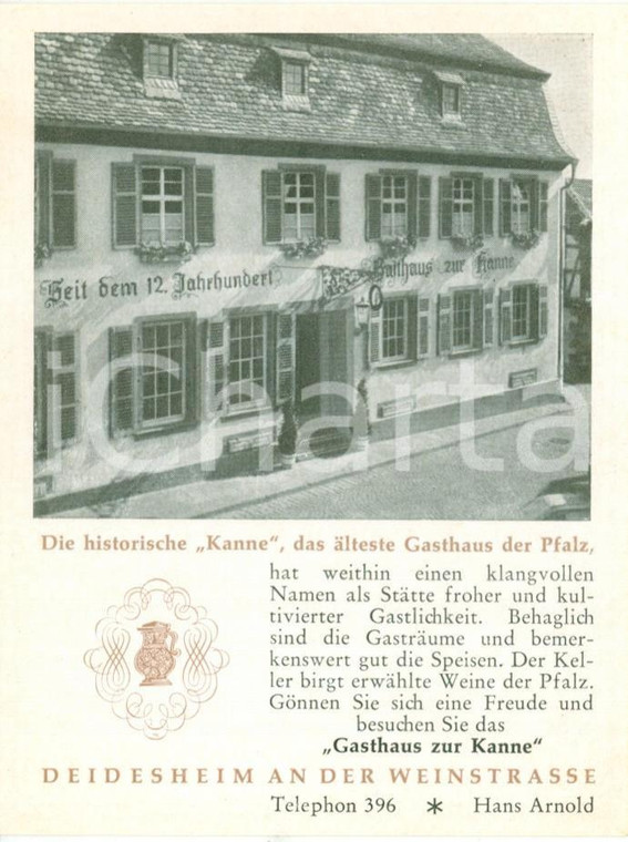 1950 ca DEIDESHEIM (DE) Albergo Gasthaus ZUR KANNE Volantino pubblicitario