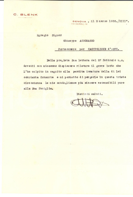 1935 GENOVA Condoglianze della ditta C. BLENK vagoni ferroviari
