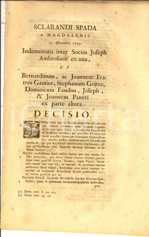 1779 GENOVA Fratelli GAUTIER e Dominique FAUDON vs socio Giuseppe AMBROSIO