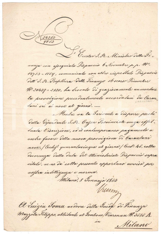 1833 MILANO Aumento di provvigione a Luigia SOMA vedova di finanziere