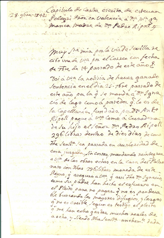 1742 VALENCIA (ES) Lettera don Esteban PELEGRI' a donna Maria Grazia MANCA