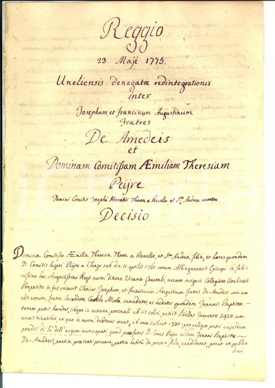 1775 TORINO Contessa Emilia PEYRE THAON DI REVEL vs debitori DE AMEDEIS 16 pp.