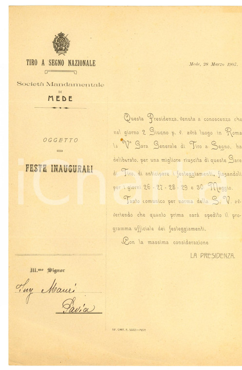 1907 MEDE (PV) Feste inaugurali TIRO A SEGNO Nazionale