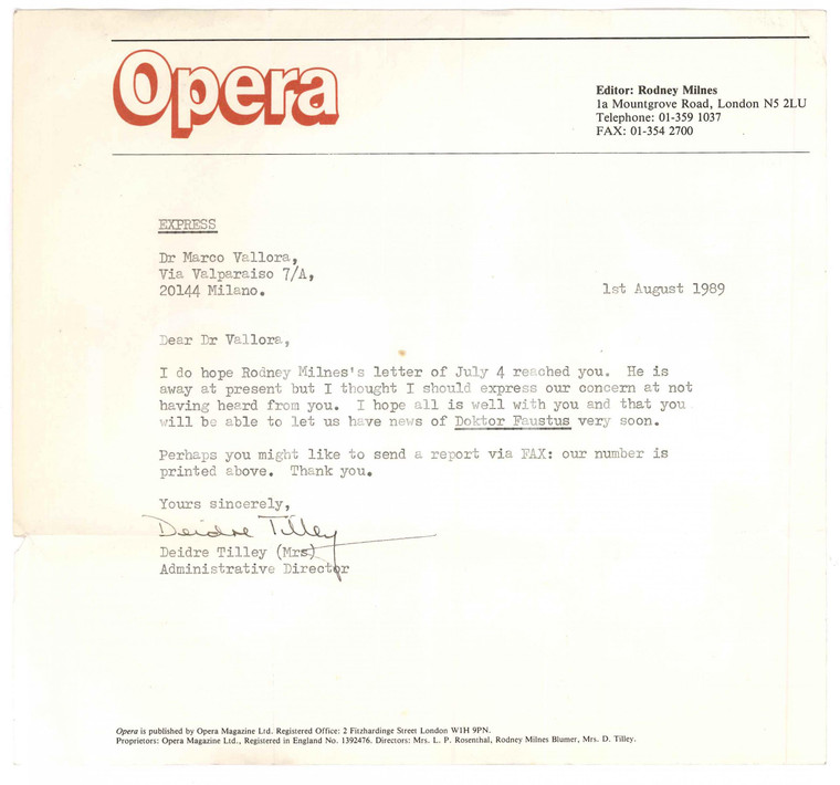 1989 LONDON - OPERA - Lettera Deirdre TILLEY sul "Doktor Faustus" *Autografo