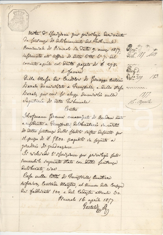 1857 FENESTRELLE TO Giuseppe Antonio BARALE vs Giovanni HOFMANN Contrada maestra