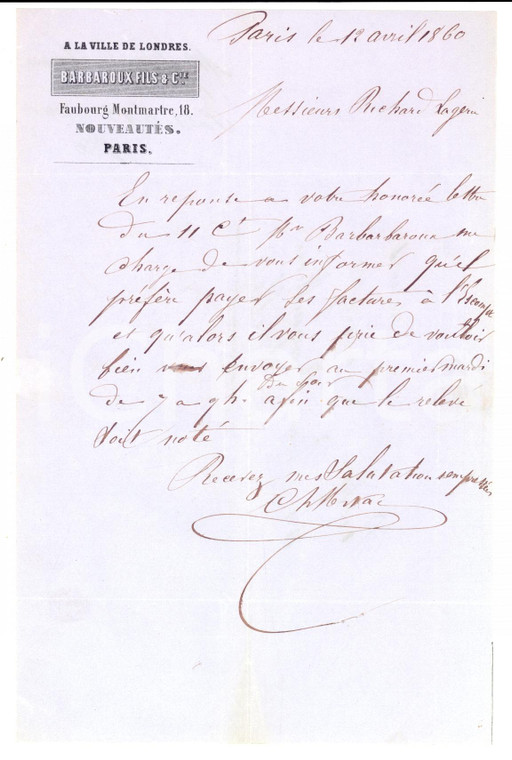 1860 PARIS MONTMARTRE Fornitura stoffe a ditta BARBAROUX Fils & Cie *Lettera