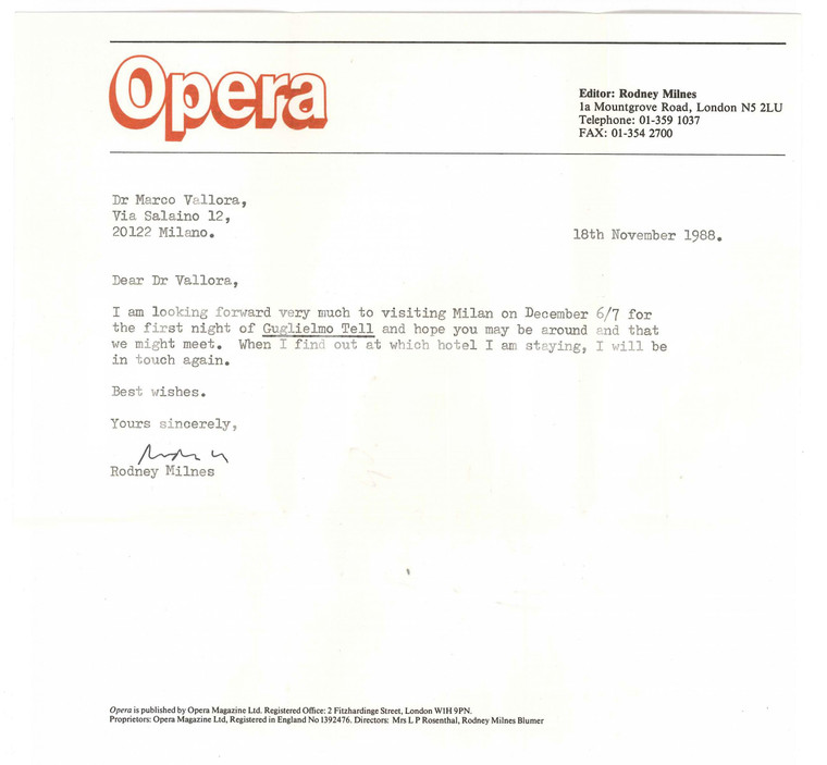 1988 LONDON - OPERA - Lettera Rodney MILNES per viaggio a Milano *Autografo