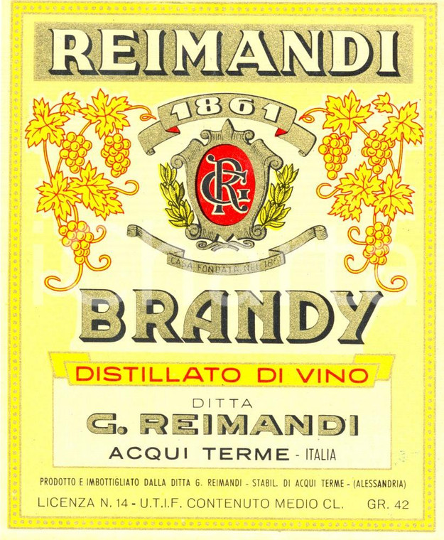 1970 ca ACQUI TERME (AL) Brandy Distillato di vino ditta REIMANDI *ETICHETTA