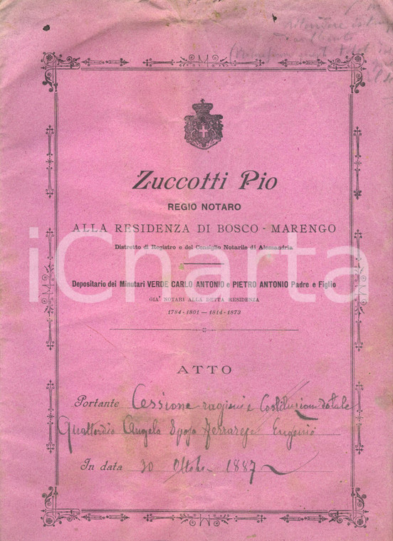 1887 FRESONARA (AL) Contratto vigna in dote per Angela QUATTORDIO *Manoscritto