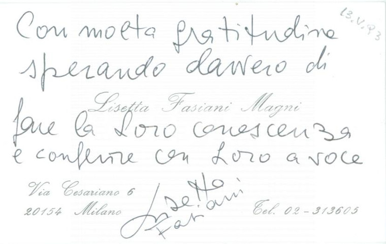 1993 MILANO Lisetta FASIANI MAGNI *Biglietto da visita con AUTOGRAFO