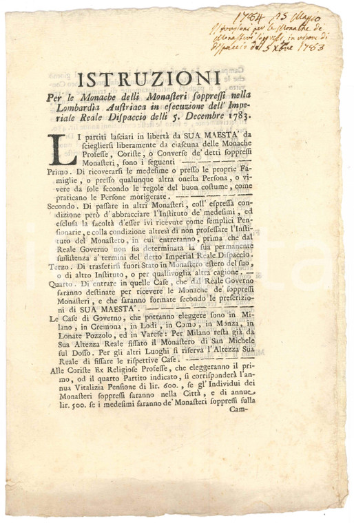 1784 MILANO Istruzioni per monache monasteri soppressi - LOMBARDIA AUSTRIACA