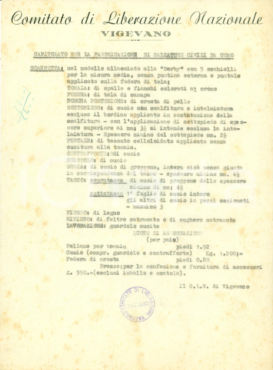 1946 VIGEVANO (PV) CLN Capitolato per calzature civili da uomo *Documento