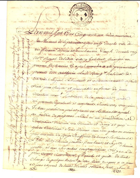 1751 VIC-FEZENSAC (F) Antoine LARIE vende terra AU JARDIN a Jean MASTRON 