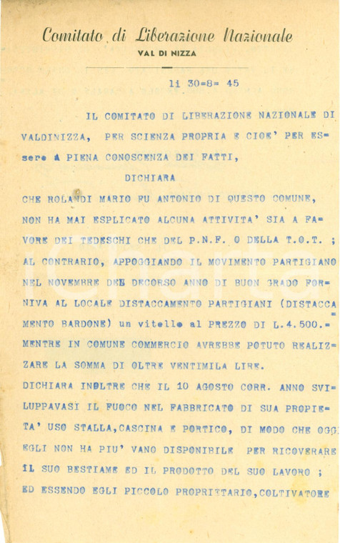 1945 VAL DI NIZZA (PV) CLN Mario ROLANDI forniva vitello a Distaccamento BARDONE