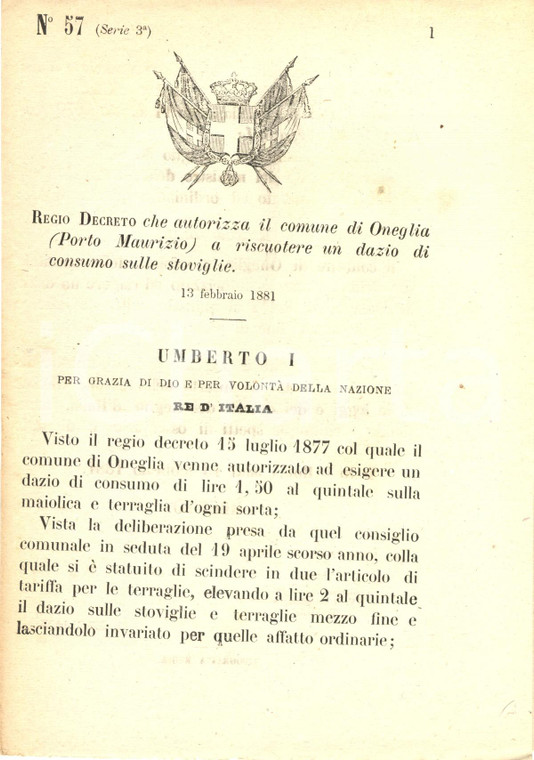 1881 ONEGLIA (IM) Concessione facoltà di dazio su stoviglie *Decreto
