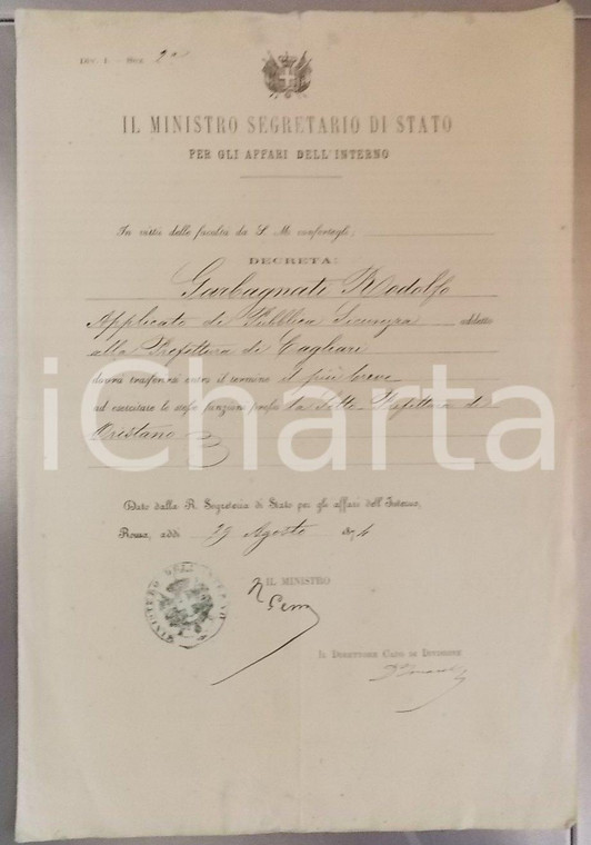 1874 CAGLIARI Applicato Rodolfo GARBAGNATI trasferito a ORISTANO *Decreto