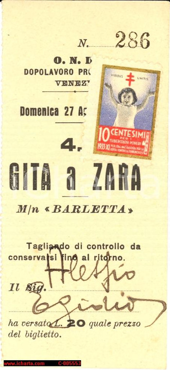 1933 OND VENEZIA SU MOTONAVE BARLETTA biglietto