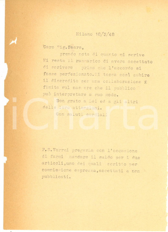 1948 MILANO Collaborazione LANZILLO finisce prima di cominciare *Lettera