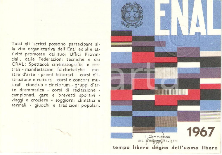 1967 ENAL Tessera RIUNIONE ADRIATICA ASSICURATRICE Circolo ricreativo